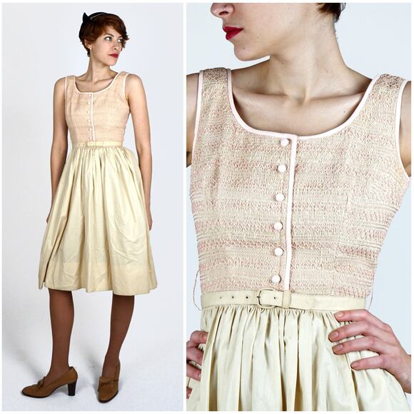 Vintage 1950s Beige and Pink Sleeveless Shirt-Waist Dress w Smocked Tank | Small - Picture 1 of 5